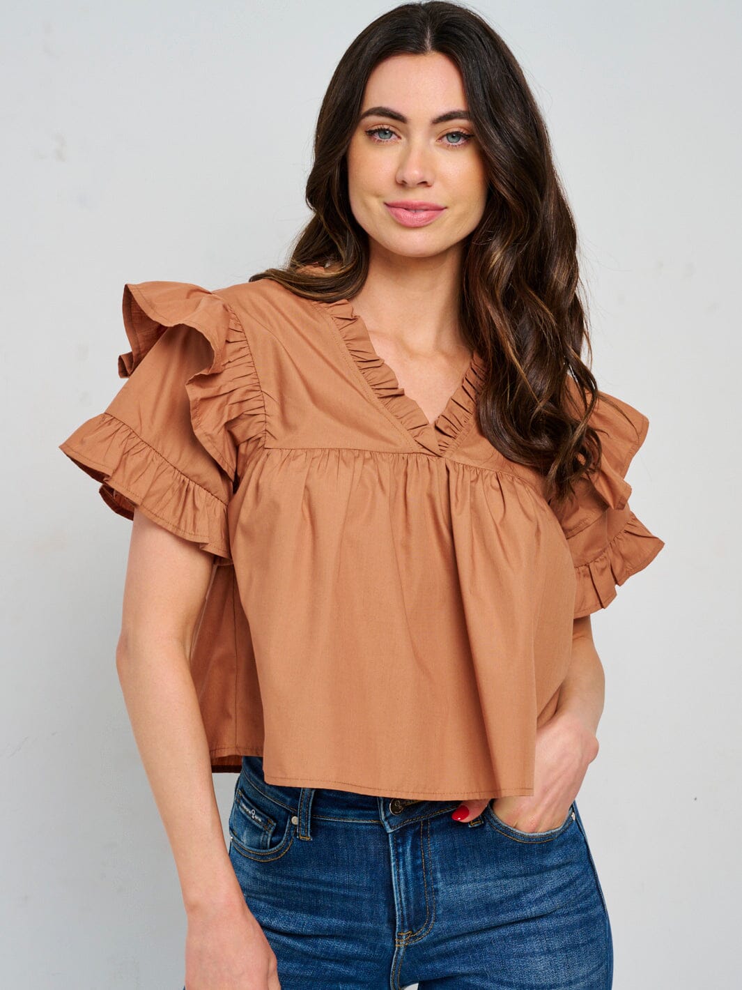 WOMEN'S SHORT RUFFLE SLEEVE V-NECK BLOUSE