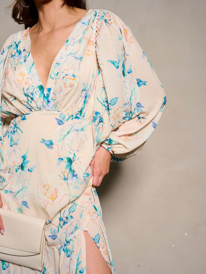 WOMEN'S LONG SLEEVE V-NECK SLIT FLORAL MAXI DRESS