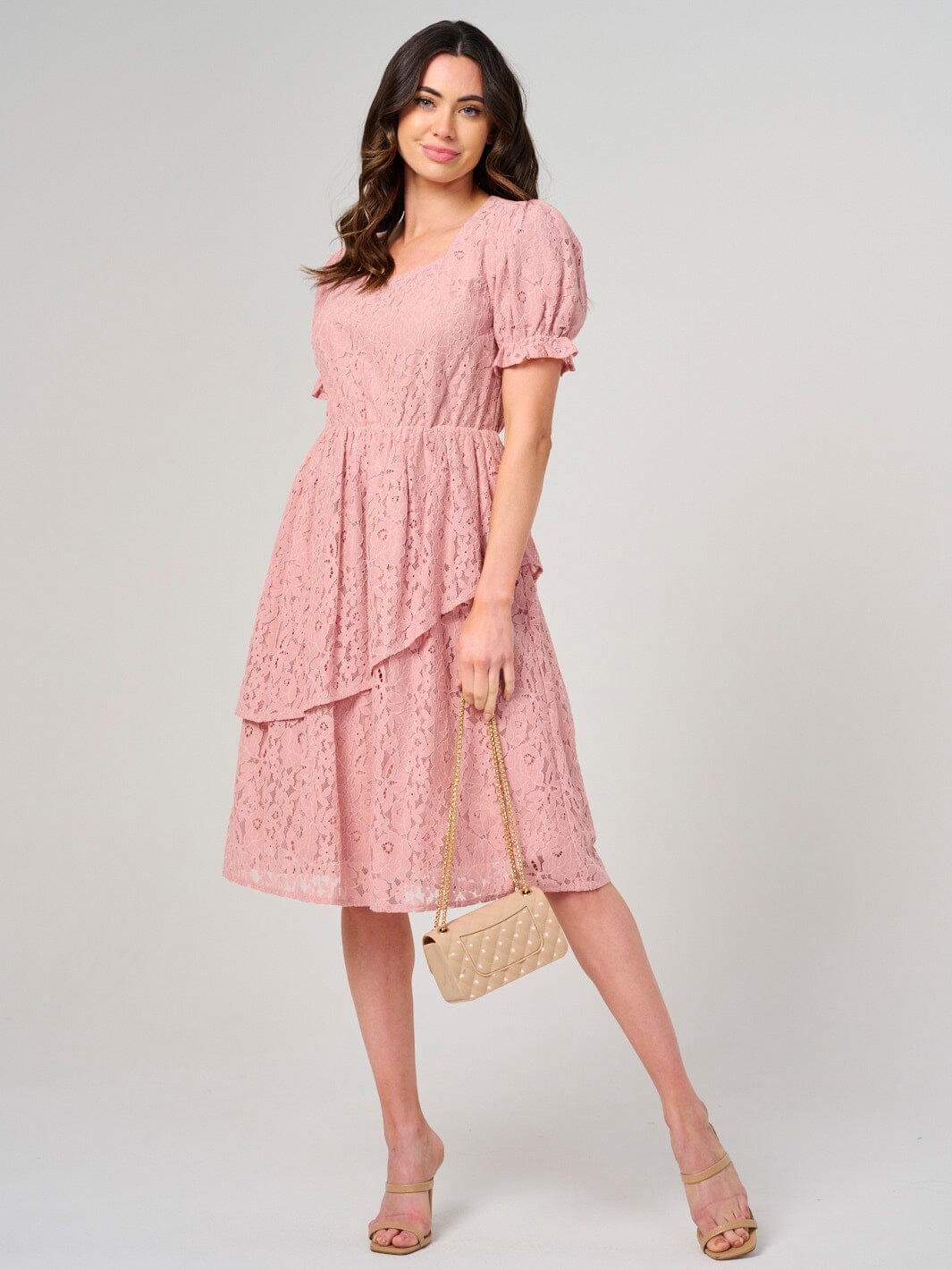 WOMEN'S SHORT PUFF SLEEVE SQUARE NECK LACE FLORAL MINI DRESS
