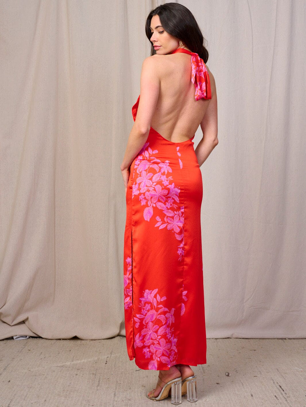 WOMEN'S SLEEVELESS HALTER NECK OPEN BACK FLORAL PRINT BODYCON MAXI DRESS