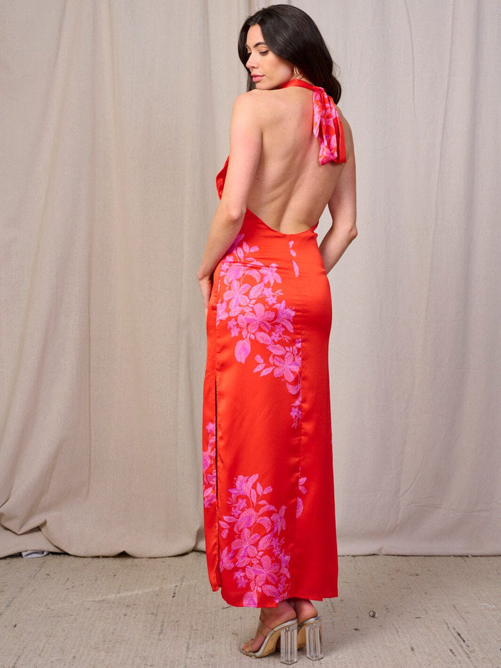 WOMEN'S SLEEVELESS HALTER NECK OPEN BACK FLORAL PRINT BODYCON MAXI DRESS