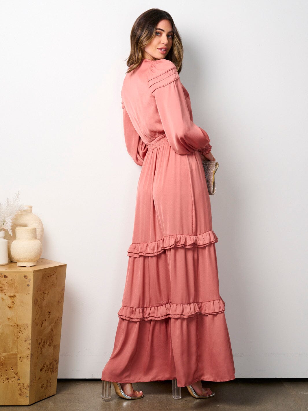 WOMEN'S LONG SLEEVE V-NECK RUFFLE TIERED MAXI DRESS