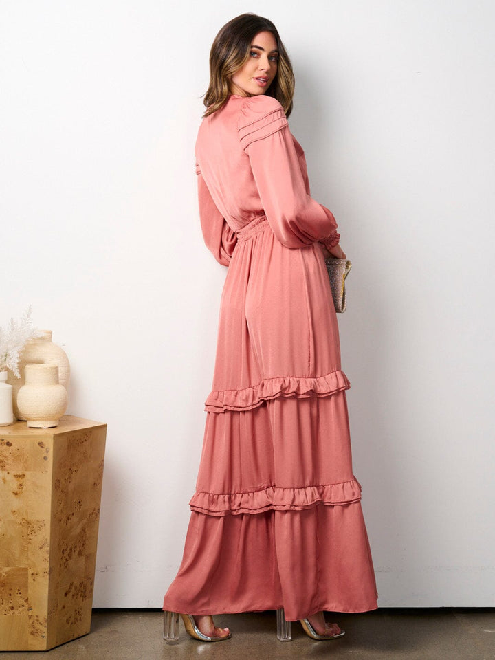 WOMEN'S LONG SLEEVE V-NECK RUFFLE TIERED MAXI DRESS