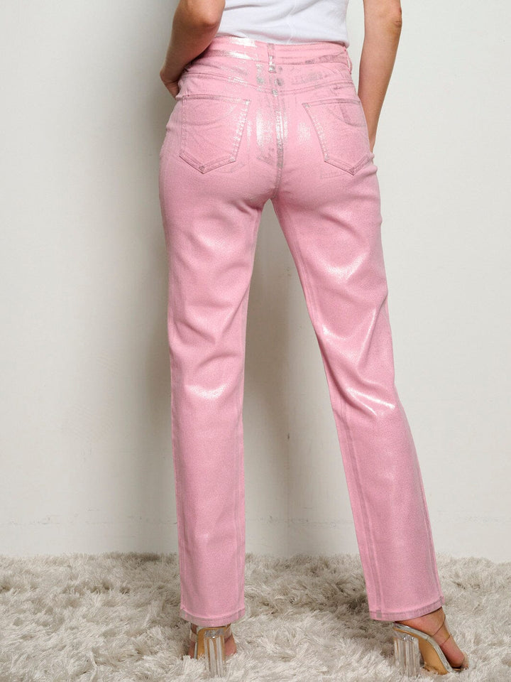 WOMEN'S BUTTON CLOSURE POCKETS SHIMMER WIDE LEG DENIM PANTS
