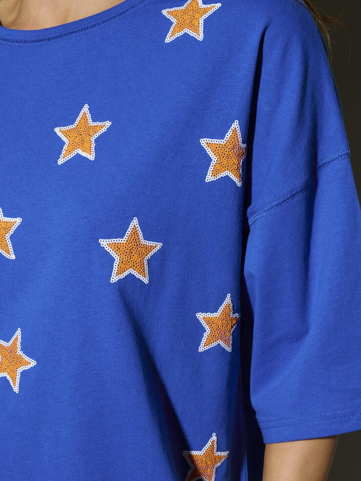 WOMEN'S SHORT SLEEVE SEQUINS STARS PATRIOTIC TUNIC BLOUSE TOP