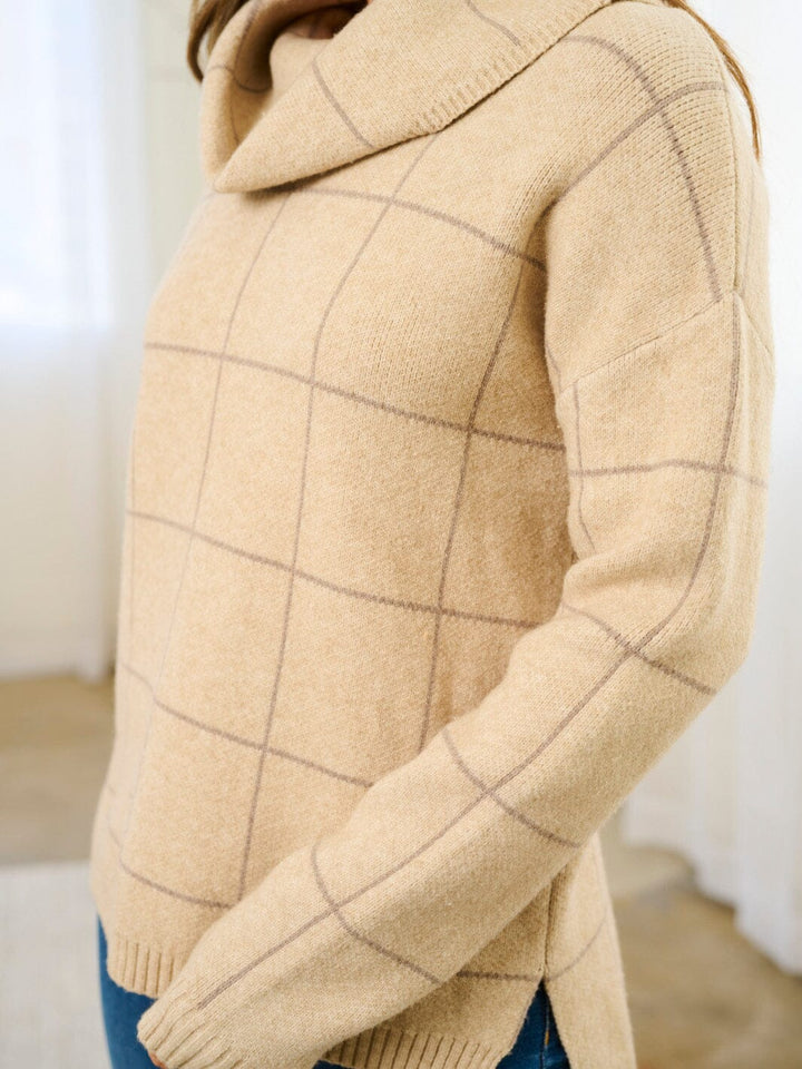 WOMEN'S LONG SLEEVE TURTLE NECK CHECKERS PRINT PULLOVER SWEATER