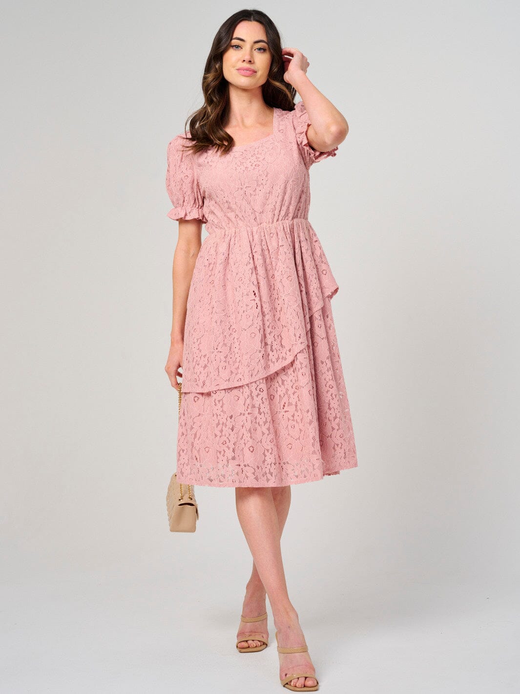 WOMEN'S SHORT PUFF SLEEVE SQUARE NECK LACE FLORAL MINI DRESS