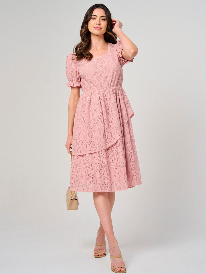 WOMEN'S SHORT PUFF SLEEVE SQUARE NECK LACE FLORAL MINI DRESS