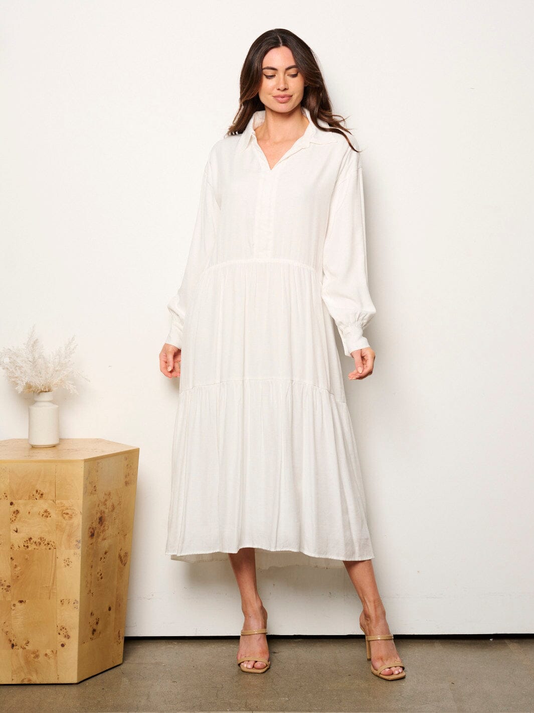 WOMEN'S LONG SLEEVE V-NECK TIERED TUNIC MAXI DRESS
