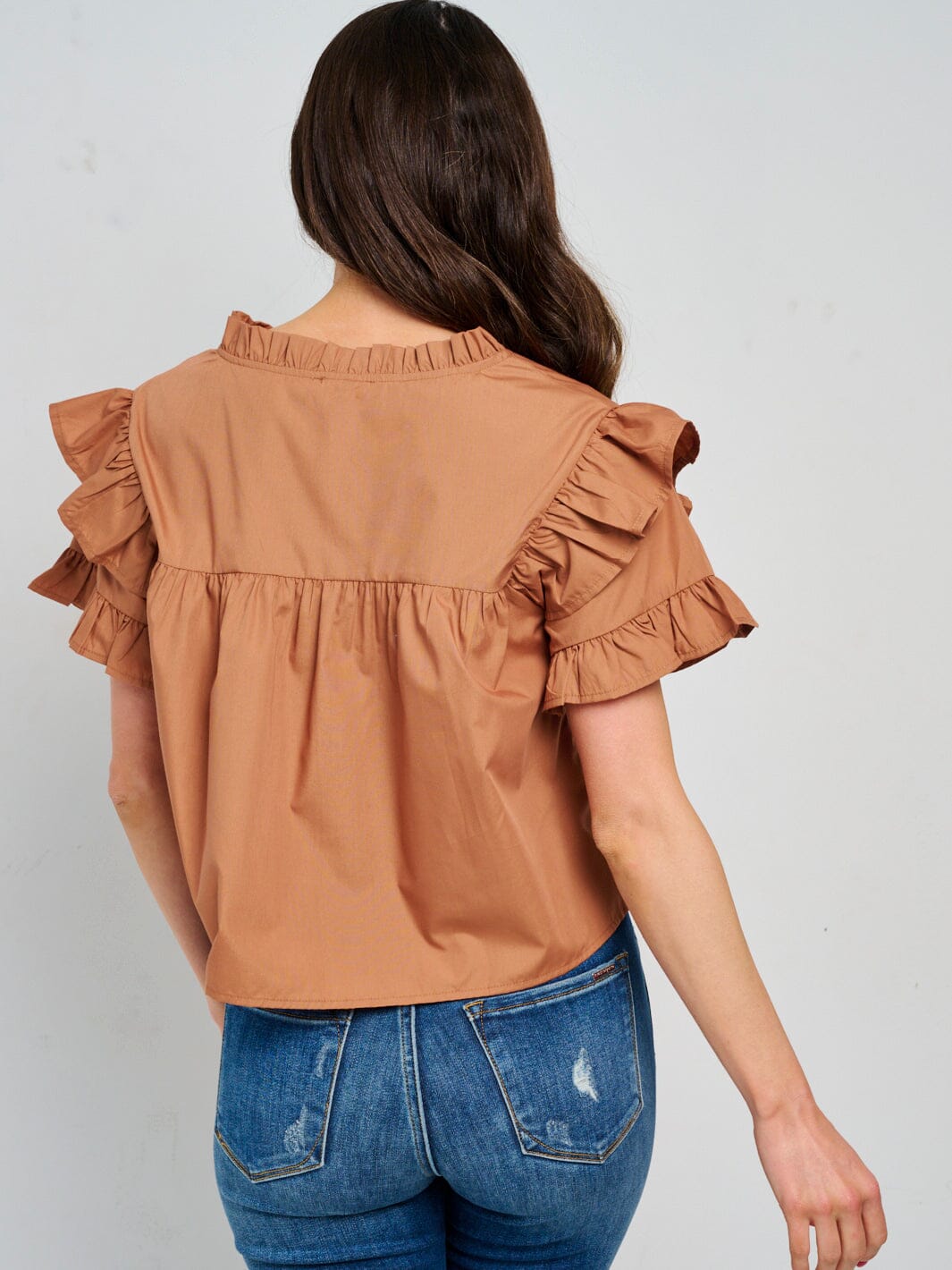 WOMEN'S SHORT RUFFLE SLEEVE V-NECK BLOUSE