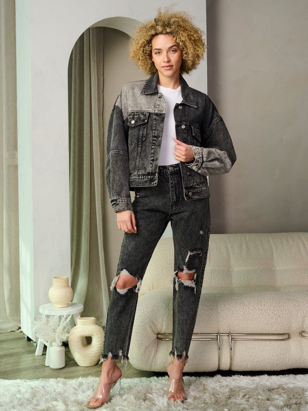 WOMEN'S LONG SLEEVE BUTTON CLOSURE COLORBLOCK DENIM JACKET