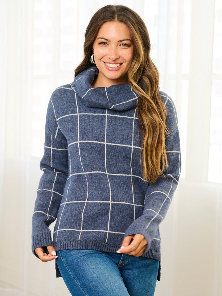 WOMEN'S LONG SLEEVE TURTLE NECK CHECKERS PRINT PULLOVER SWEATER