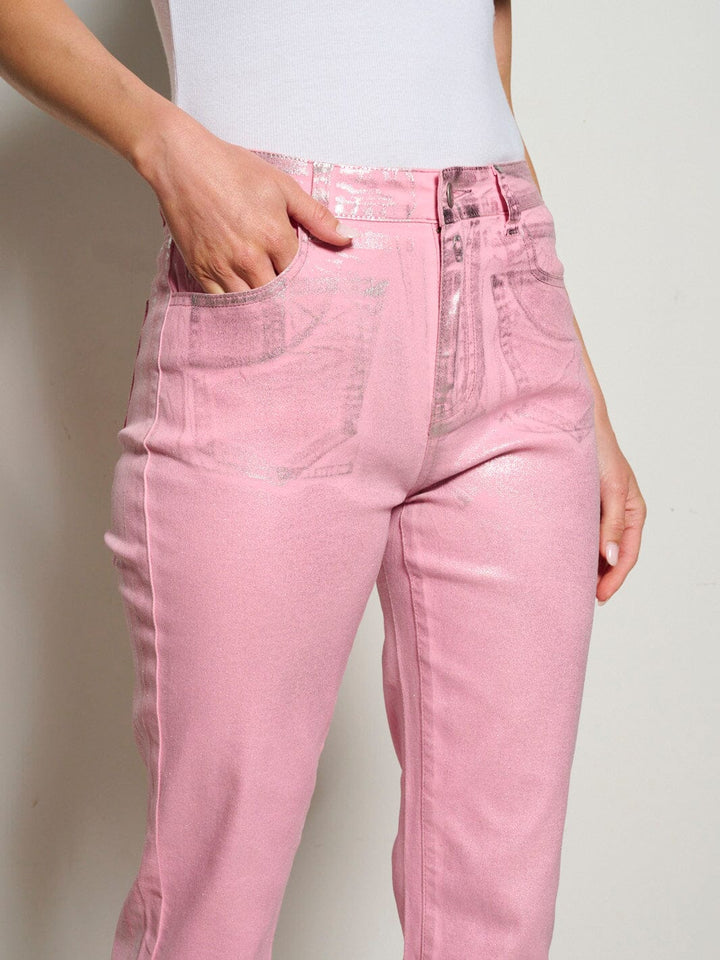 WOMEN'S BUTTON CLOSURE POCKETS SHIMMER WIDE LEG DENIM PANTS