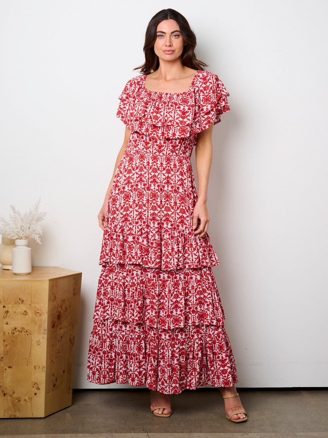 WOMEN'S SHORT SLEEVE TIERED RUFFLE FLORAL MAXI DRESS