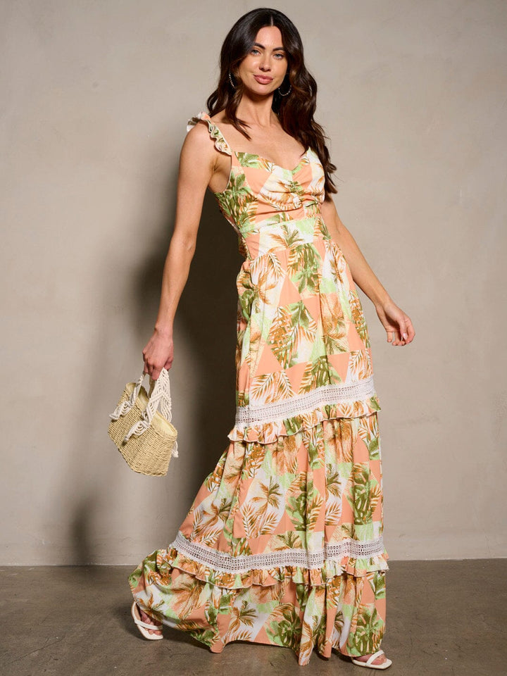 WOMEN'S SLEEVELESS V-NECK BACK DETAILED RUFFLE FLORAL MAXI DRESS
