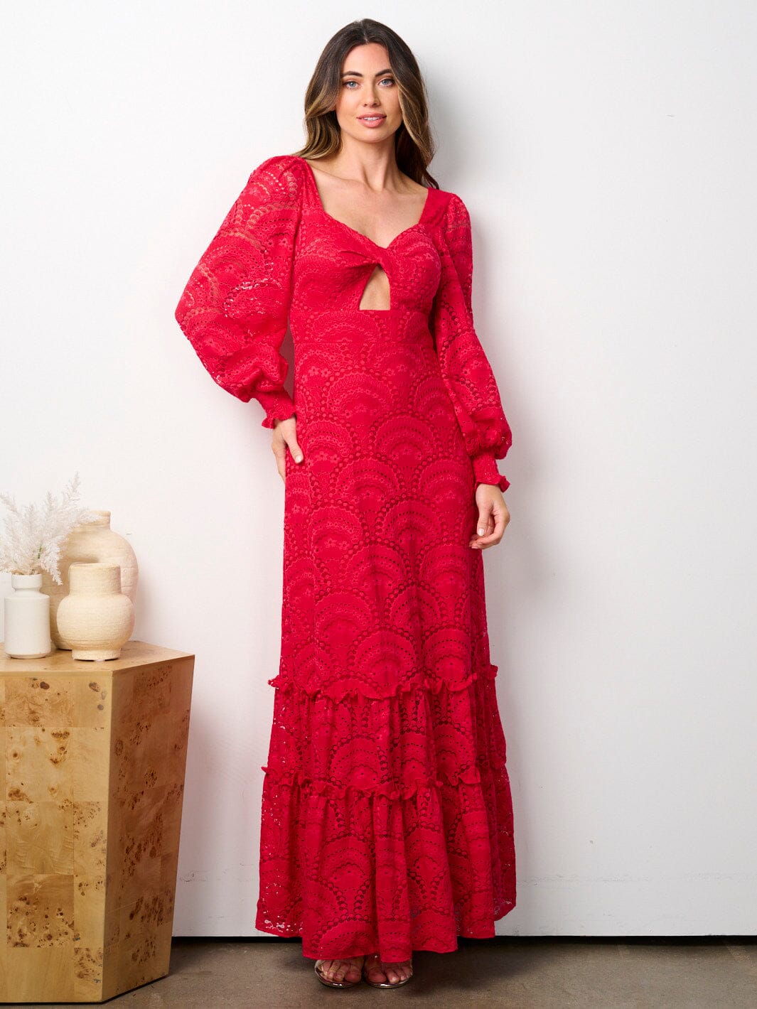 WOMEN'S LONG SLEEVE FRONT CUT OUT ALL OVER LACE MAXI DRESS