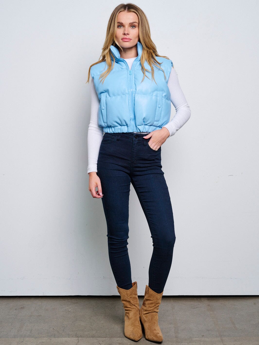 WOMEN'S SLEEVELESS ZIP UP FRONT POCKETS PU PLEATHER PUFFER VEST