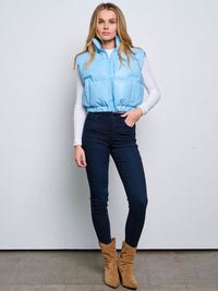 WOMEN'S SLEEVELESS ZIP UP FRONT POCKETS PU PLEATHER PUFFER VEST