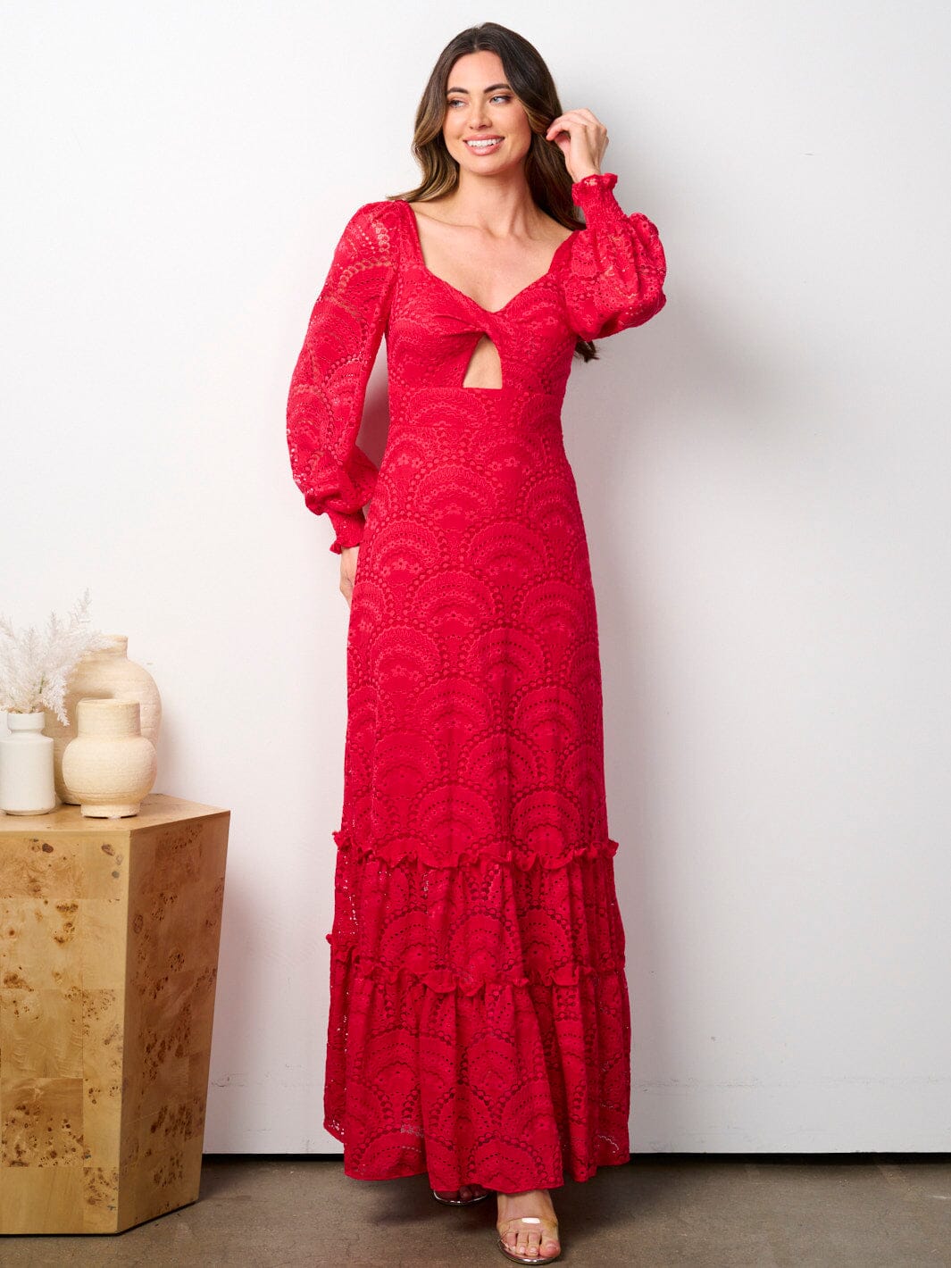 WOMEN'S LONG SLEEVE FRONT CUT OUT ALL OVER LACE MAXI DRESS