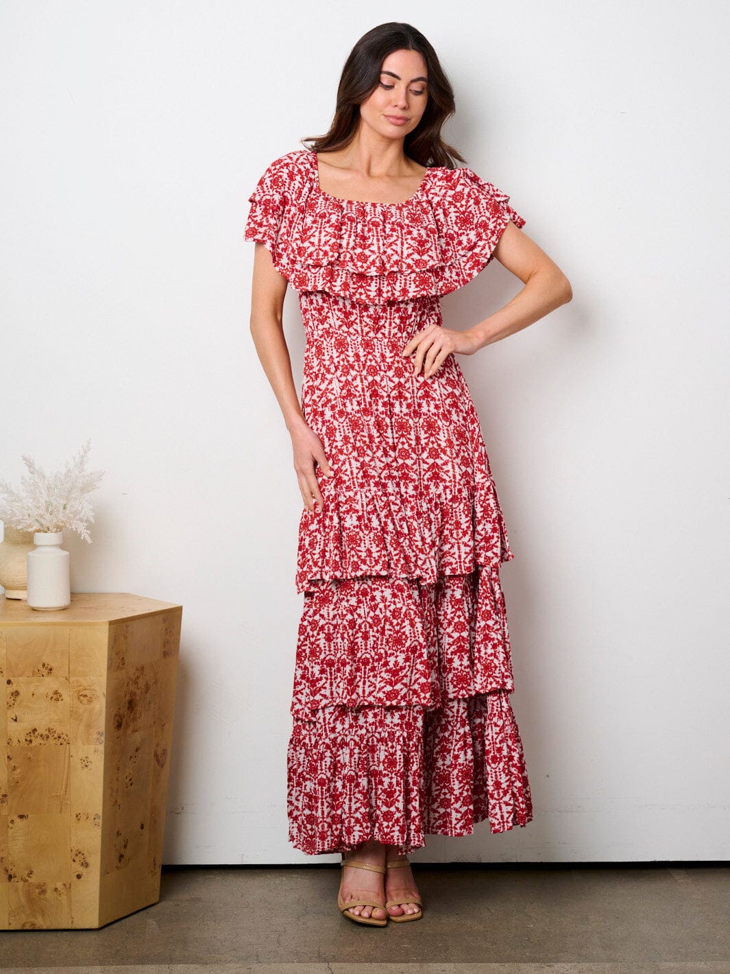 WOMEN'S SHORT SLEEVE TIERED RUFFLE FLORAL MAXI DRESS