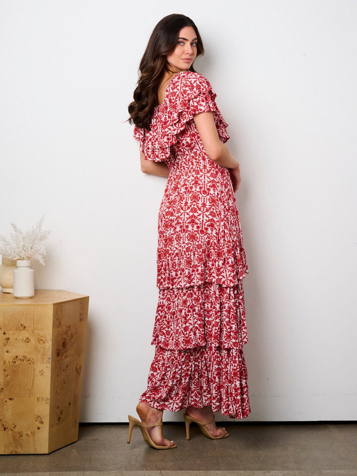 WOMEN'S SHORT SLEEVE TIERED RUFFLE FLORAL MAXI DRESS