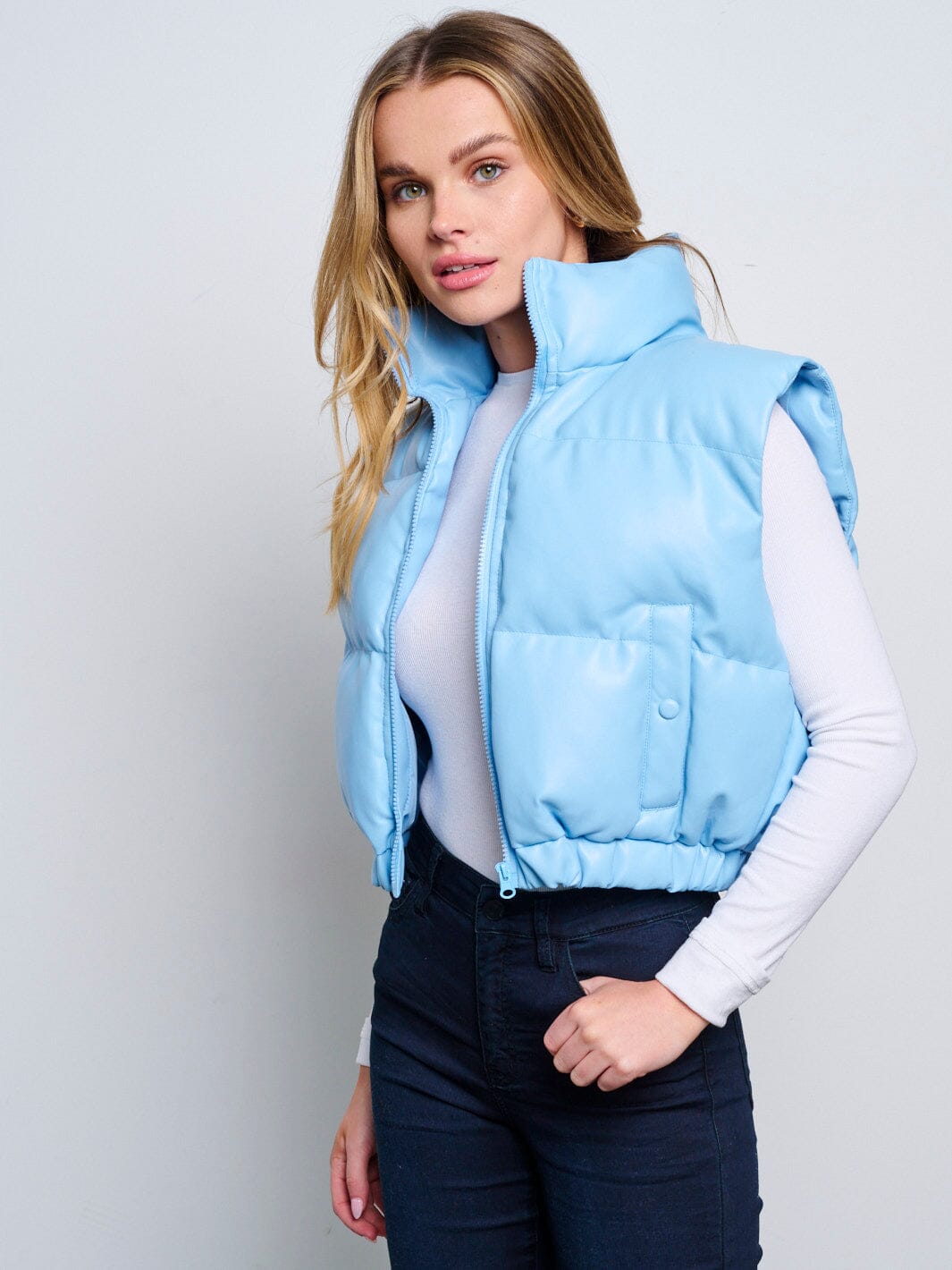 WOMEN'S SLEEVELESS ZIP UP FRONT POCKETS PU PLEATHER PUFFER VEST