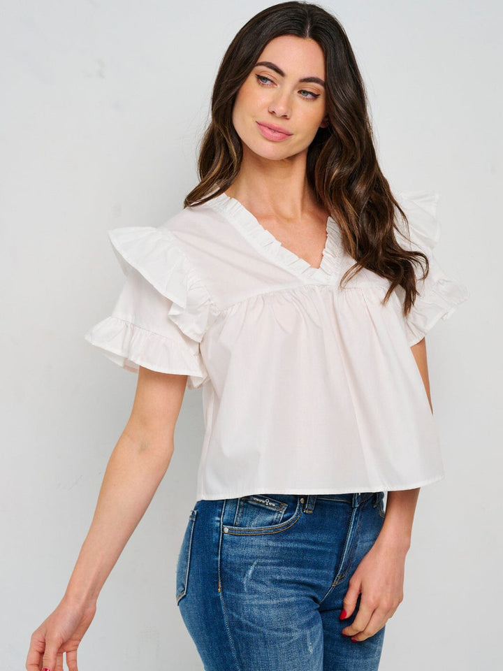 WOMEN'S SHORT RUFFLE SLEEVE V-NECK BLOUSE