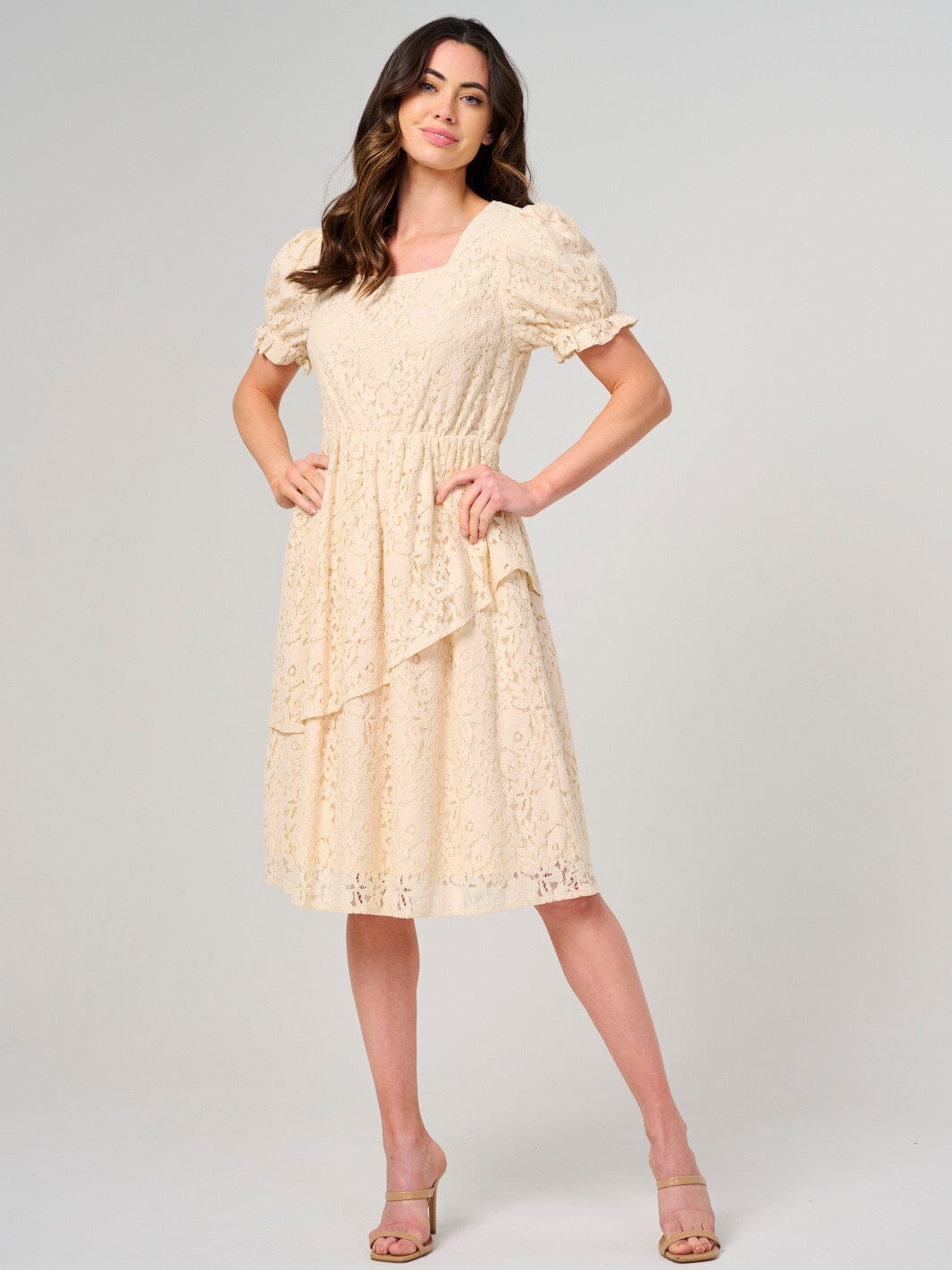 WOMEN'S SHORT PUFF SLEEVE SQUARE NECK LACE FLORAL MINI DRESS