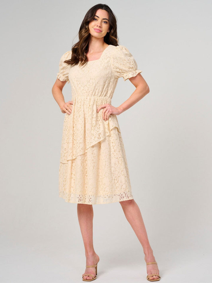 WOMEN'S SHORT PUFF SLEEVE SQUARE NECK LACE FLORAL MINI DRESS