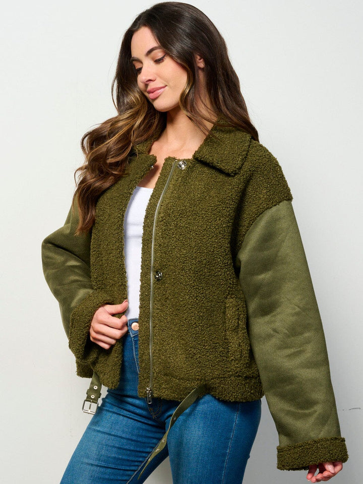 WOMEN'S LONG SLEEVE BUTTON CLOSURE POCKETS SHERPA JACKET