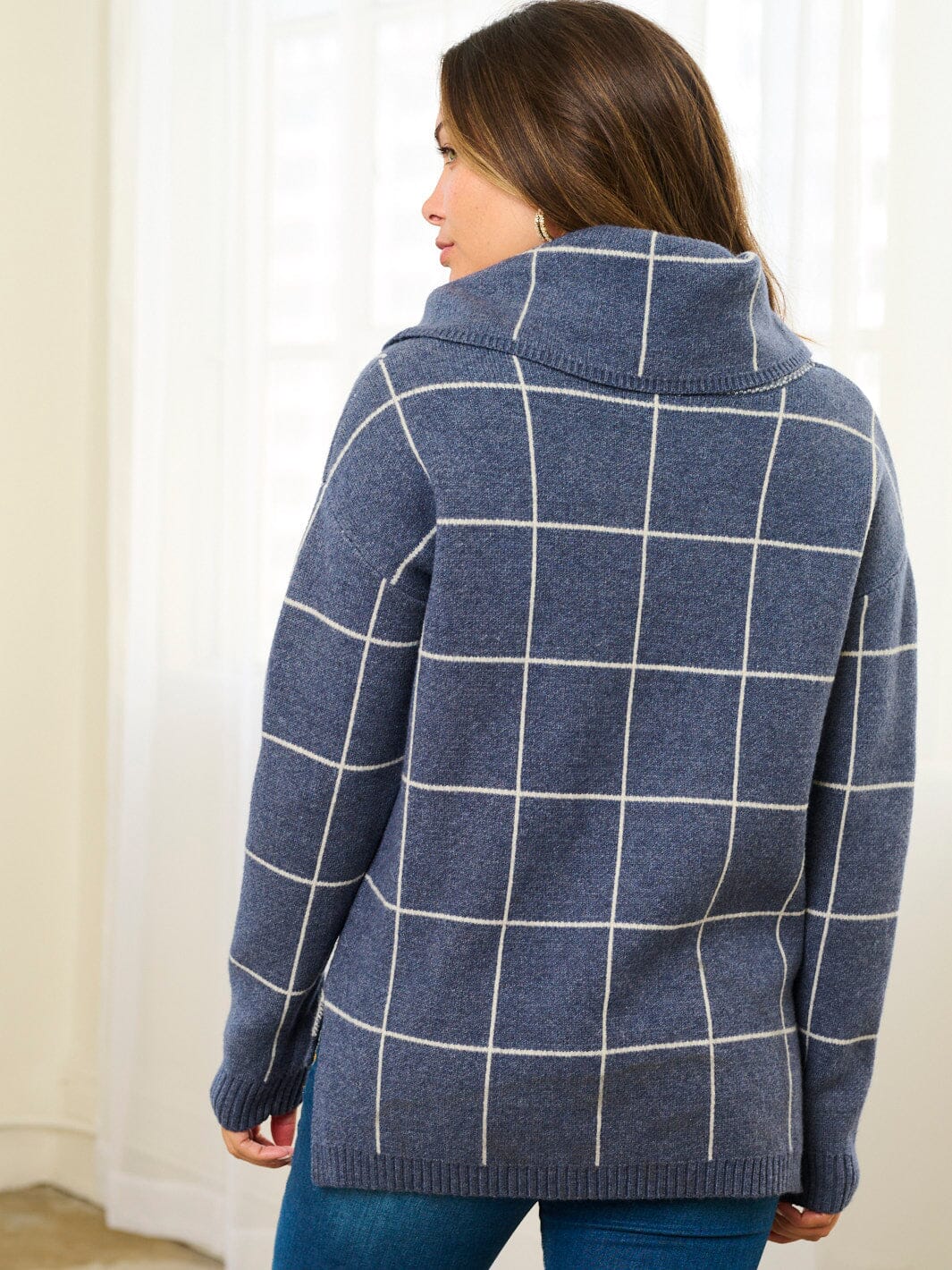 WOMEN'S LONG SLEEVE TURTLE NECK CHECKERS PRINT PULLOVER SWEATER