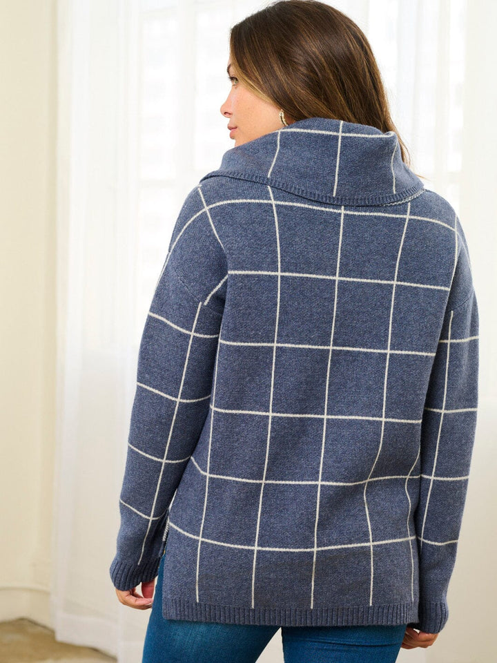 WOMEN'S LONG SLEEVE TURTLE NECK CHECKERS PRINT PULLOVER SWEATER