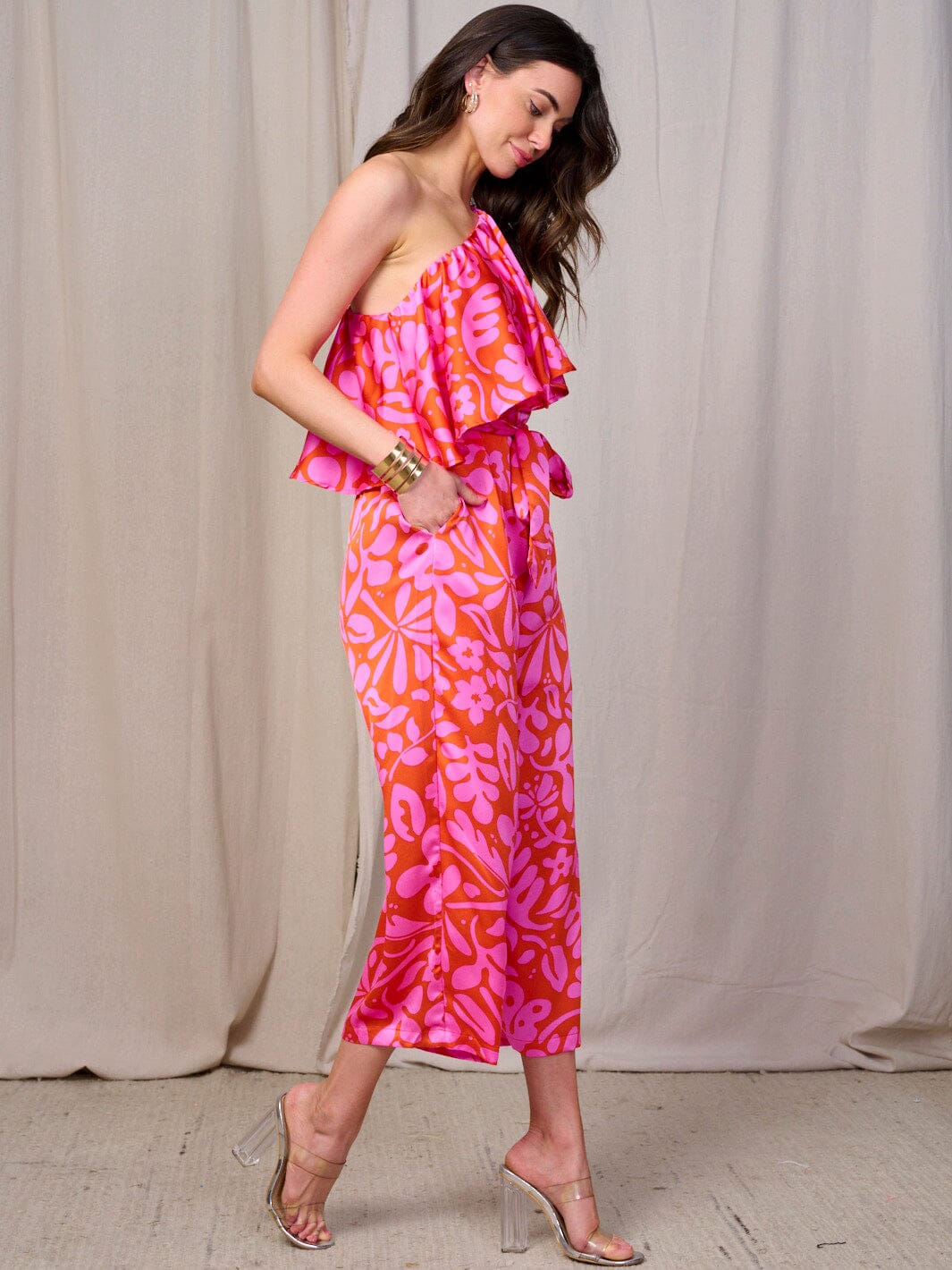 WOMEN'S ONE SHOULDER RUFFLE SELF TIE FRONT POCKETS WIDE LEG PRINT JUMPSUIT