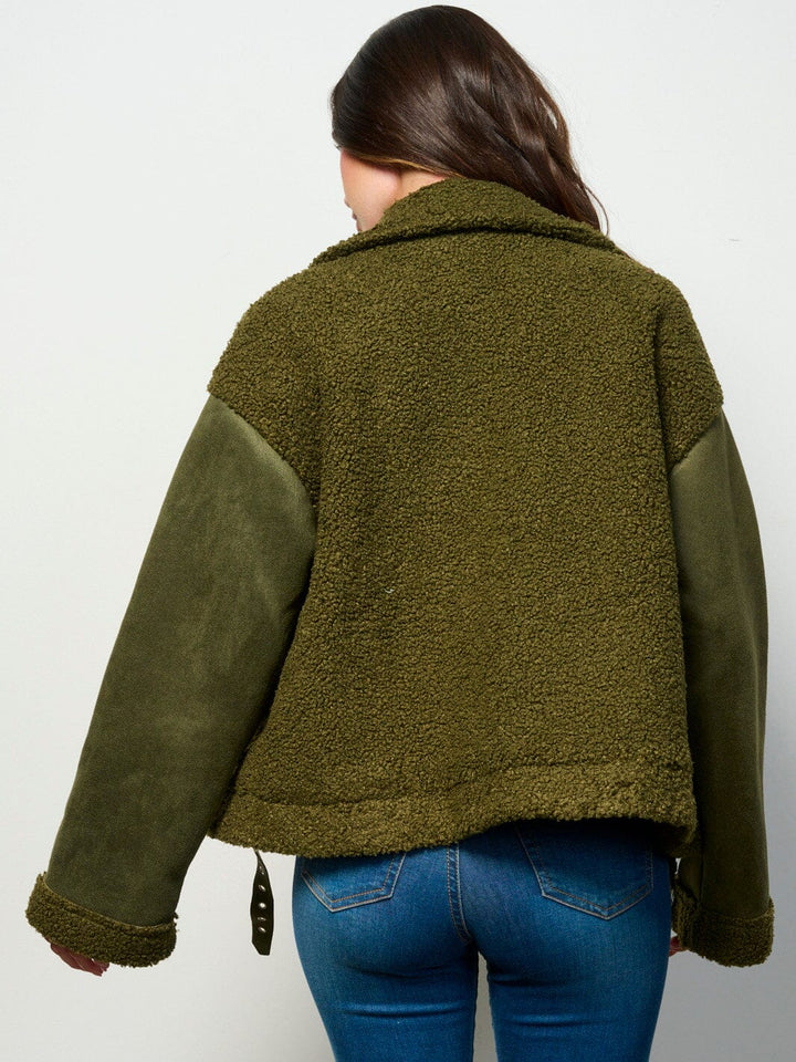 WOMEN'S LONG SLEEVE BUTTON CLOSURE POCKETS SHERPA JACKET