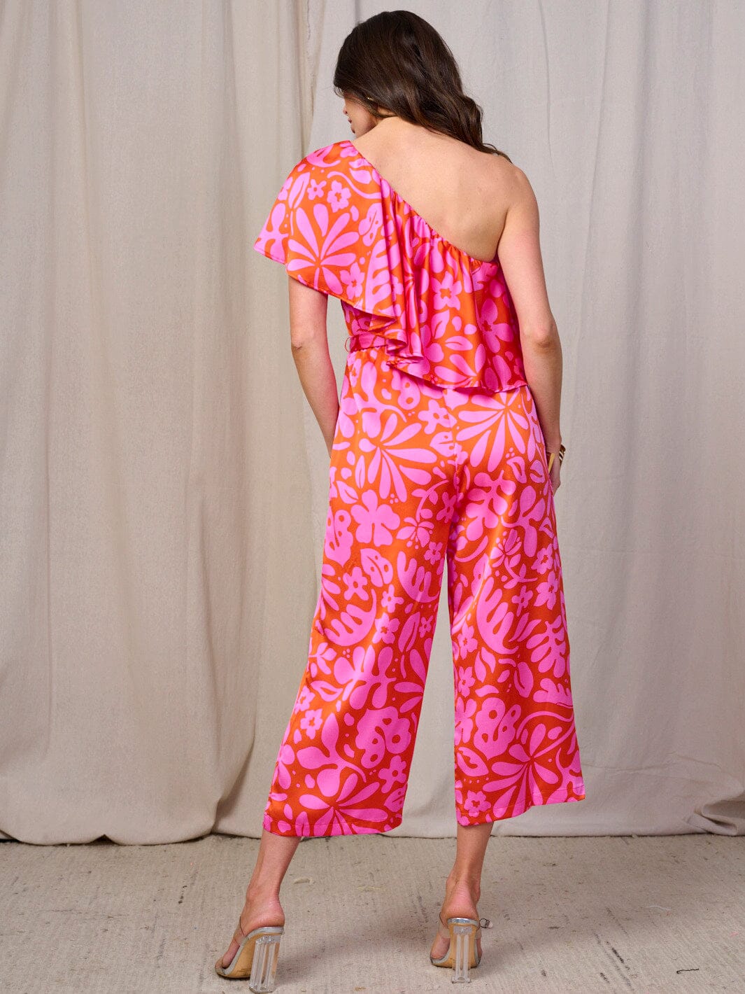 WOMEN'S ONE SHOULDER RUFFLE SELF TIE FRONT POCKETS WIDE LEG PRINT JUMPSUIT