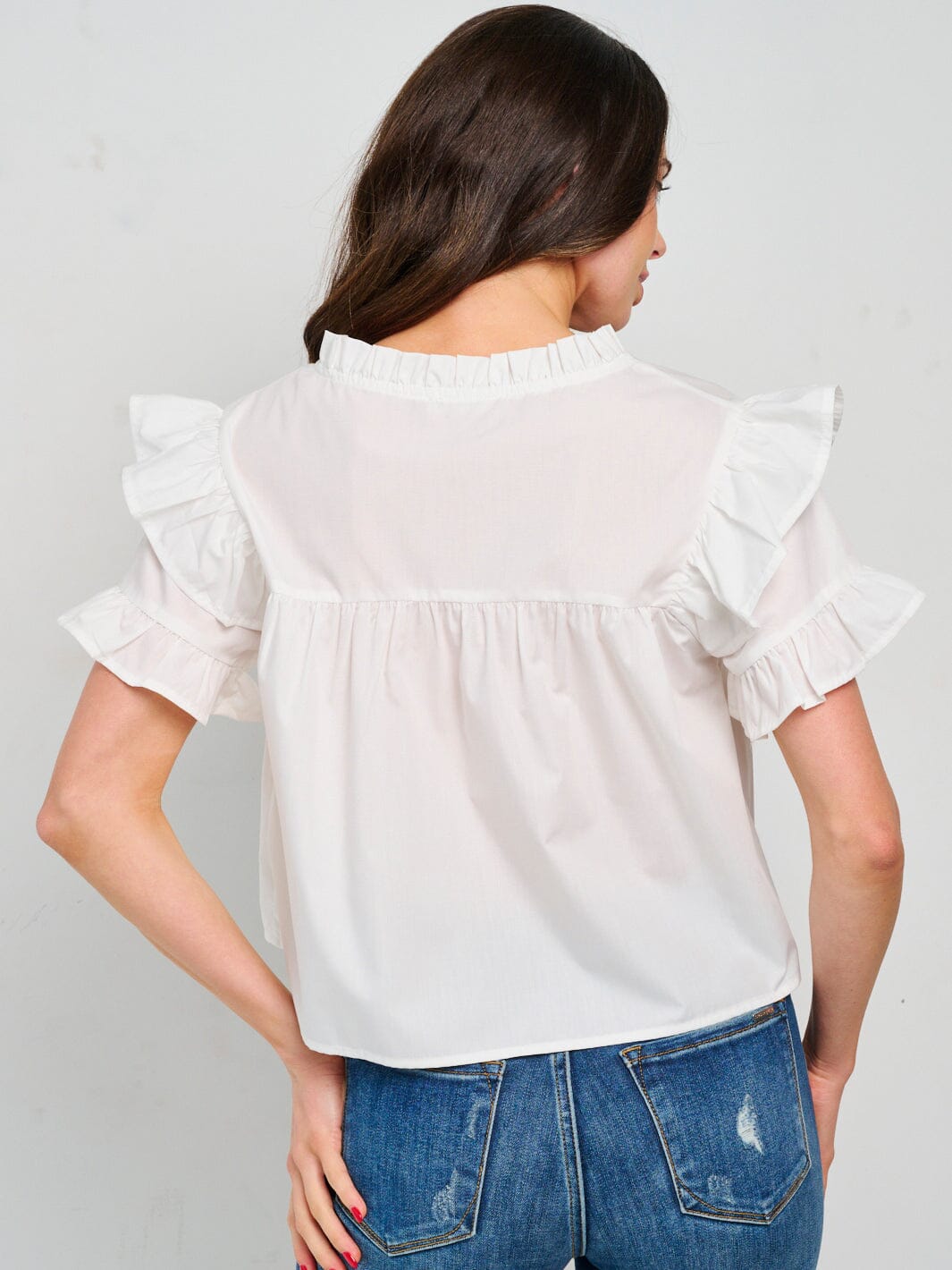 WOMEN'S SHORT RUFFLE SLEEVE V-NECK BLOUSE
