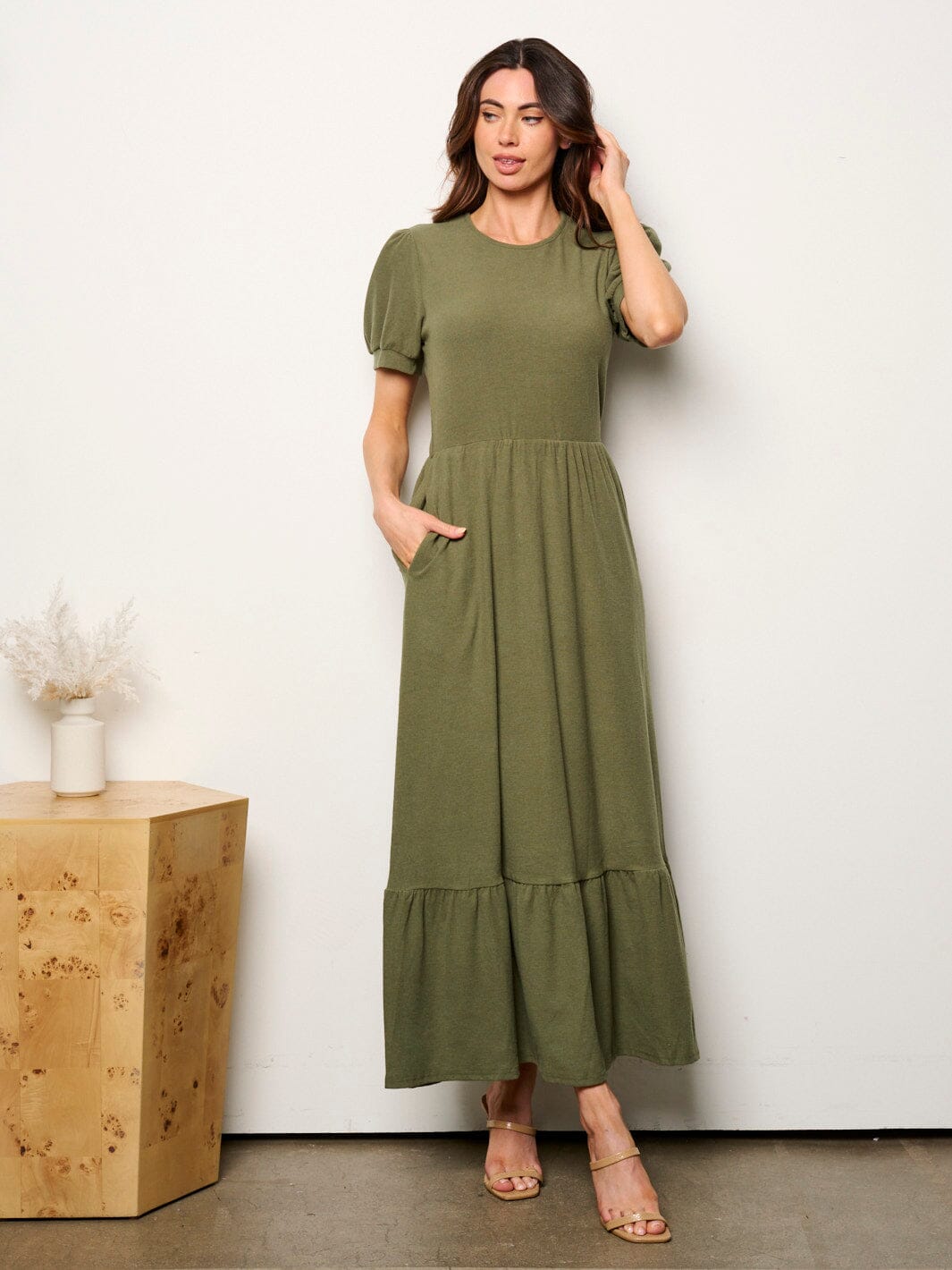 WOMEN'S SHORT SLEEVE POCKETS ELASTIC WAIST MAXI DRESS