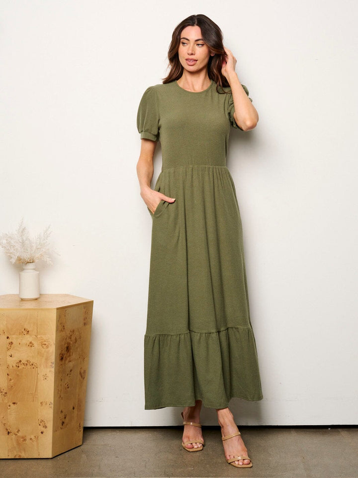 WOMEN'S SHORT SLEEVE POCKETS ELASTIC WAIST MAXI DRESS