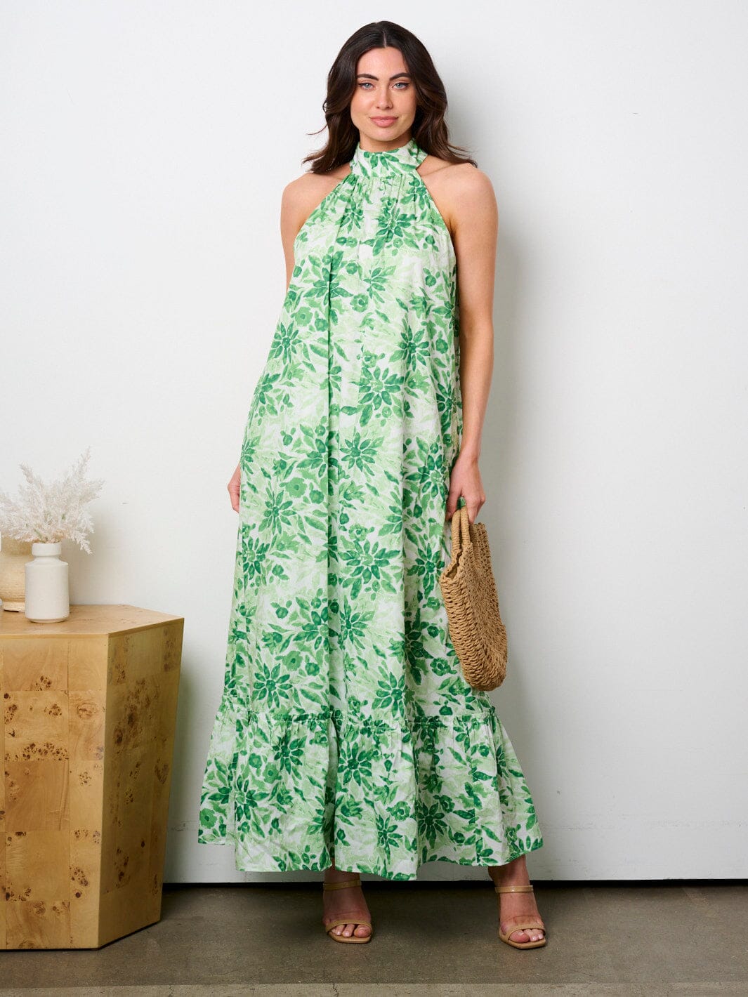 WOMEN'S SLEEVELESS HALTER NECK POCKETS FLORAL MAXI DRESS