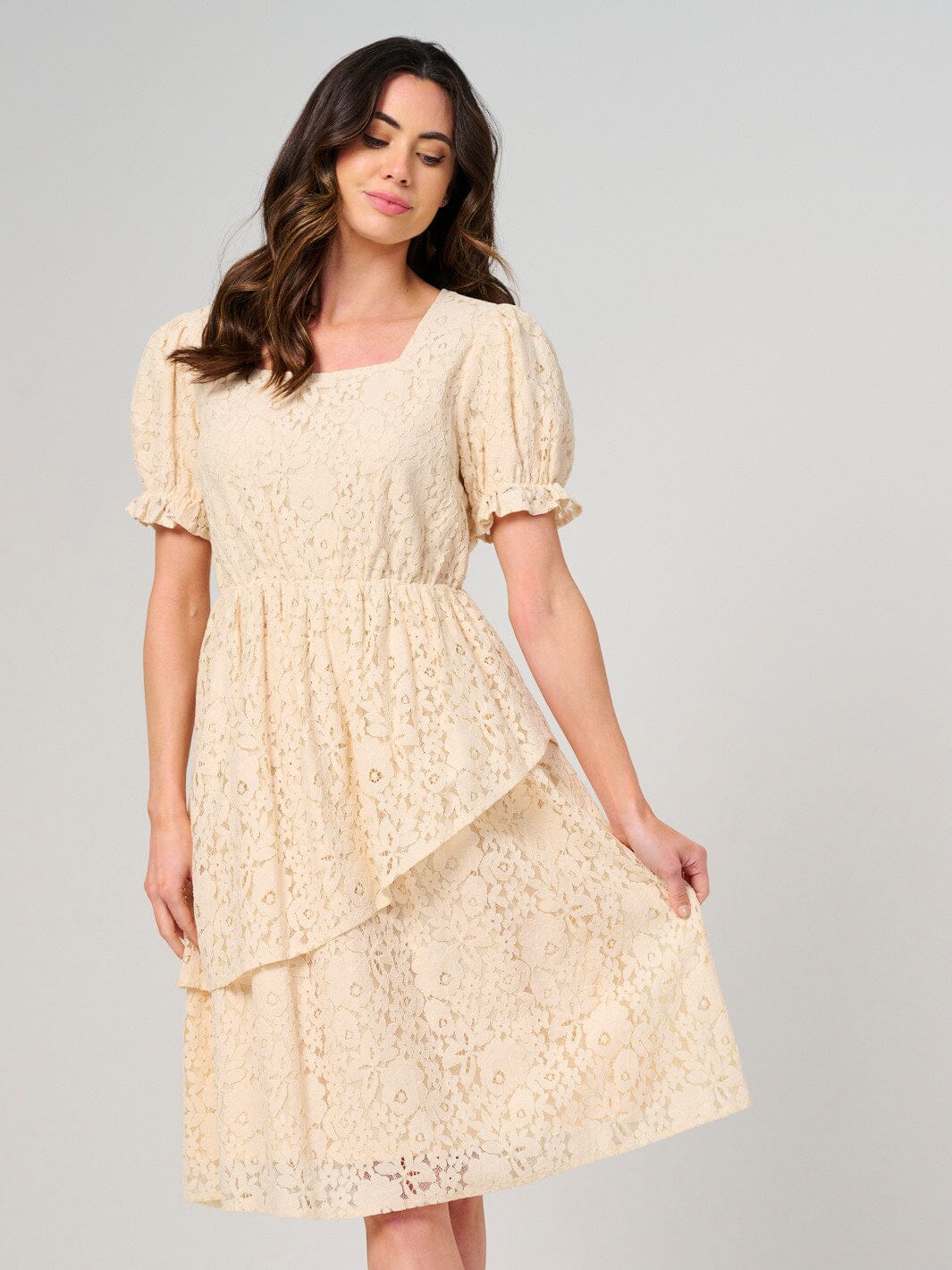 WOMEN'S SHORT PUFF SLEEVE SQUARE NECK LACE FLORAL MINI DRESS