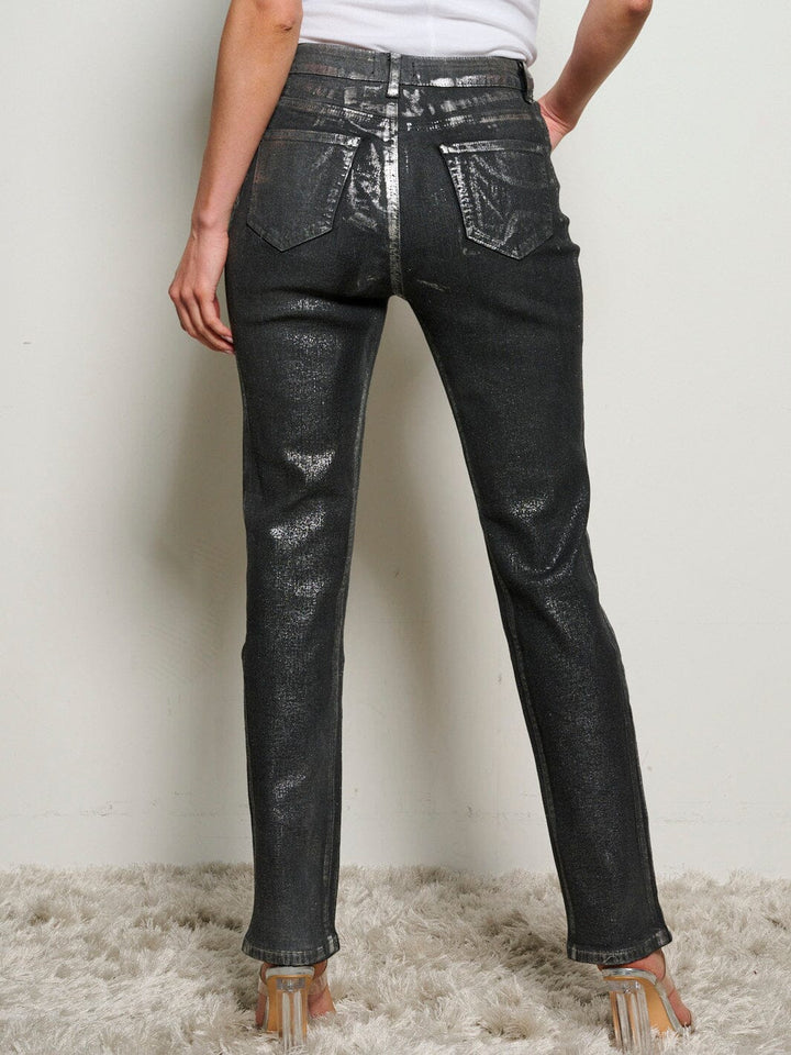 WOMEN'S BUTTON CLOSURE POCKETS SHIMMER WIDE LEG DENIM PANTS