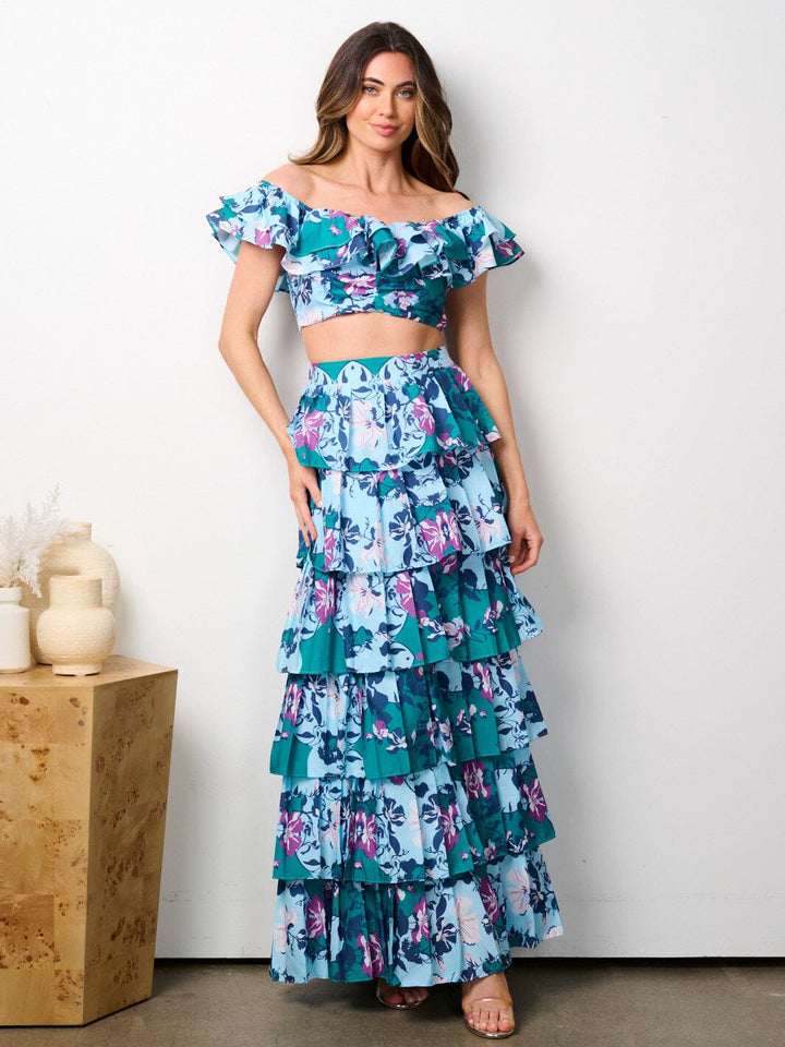 WOMEN'S OFF SHOULDER CROP TOP & MAXI RUFFLE SKIRT 2PC. FLORAL SET
