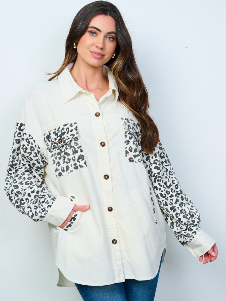 WOMEN'S LONG SLEEVE BUTTON UP FRONT POCKETS CORDUROY ANIMAL PRINT SHACKET