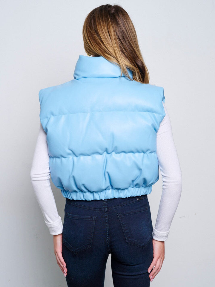 WOMEN'S SLEEVELESS ZIP UP FRONT POCKETS PU PLEATHER PUFFER VEST
