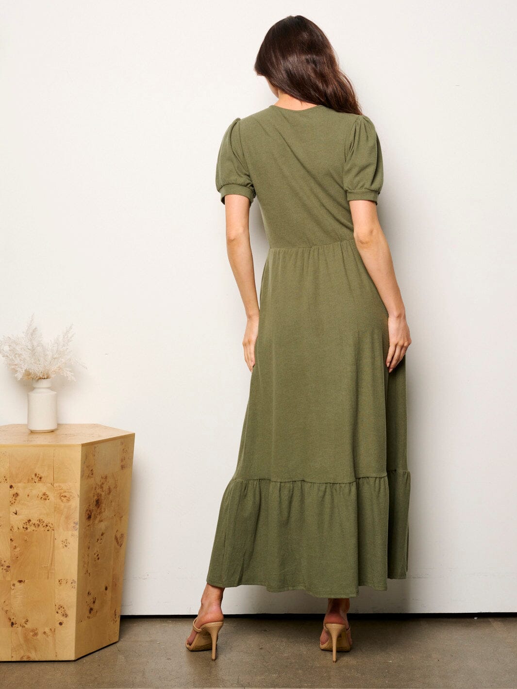 WOMEN'S SHORT SLEEVE POCKETS ELASTIC WAIST MAXI DRESS