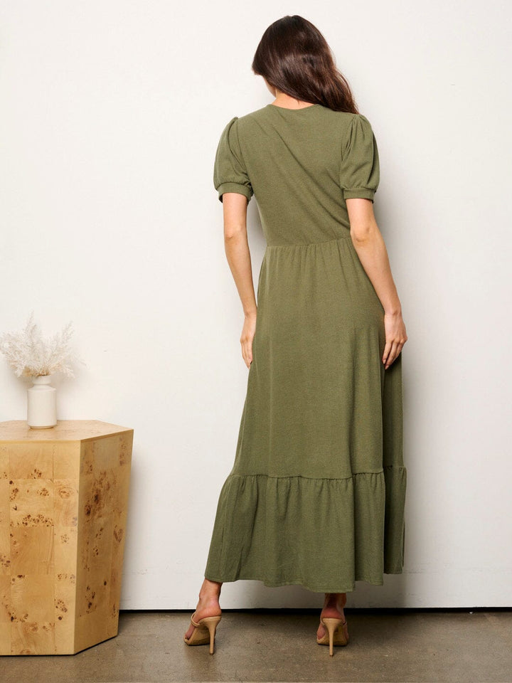 WOMEN'S SHORT SLEEVE POCKETS ELASTIC WAIST MAXI DRESS