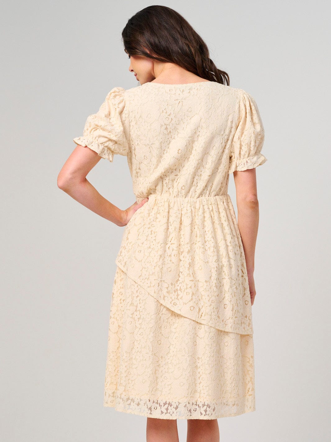WOMEN'S SHORT PUFF SLEEVE SQUARE NECK LACE FLORAL MINI DRESS