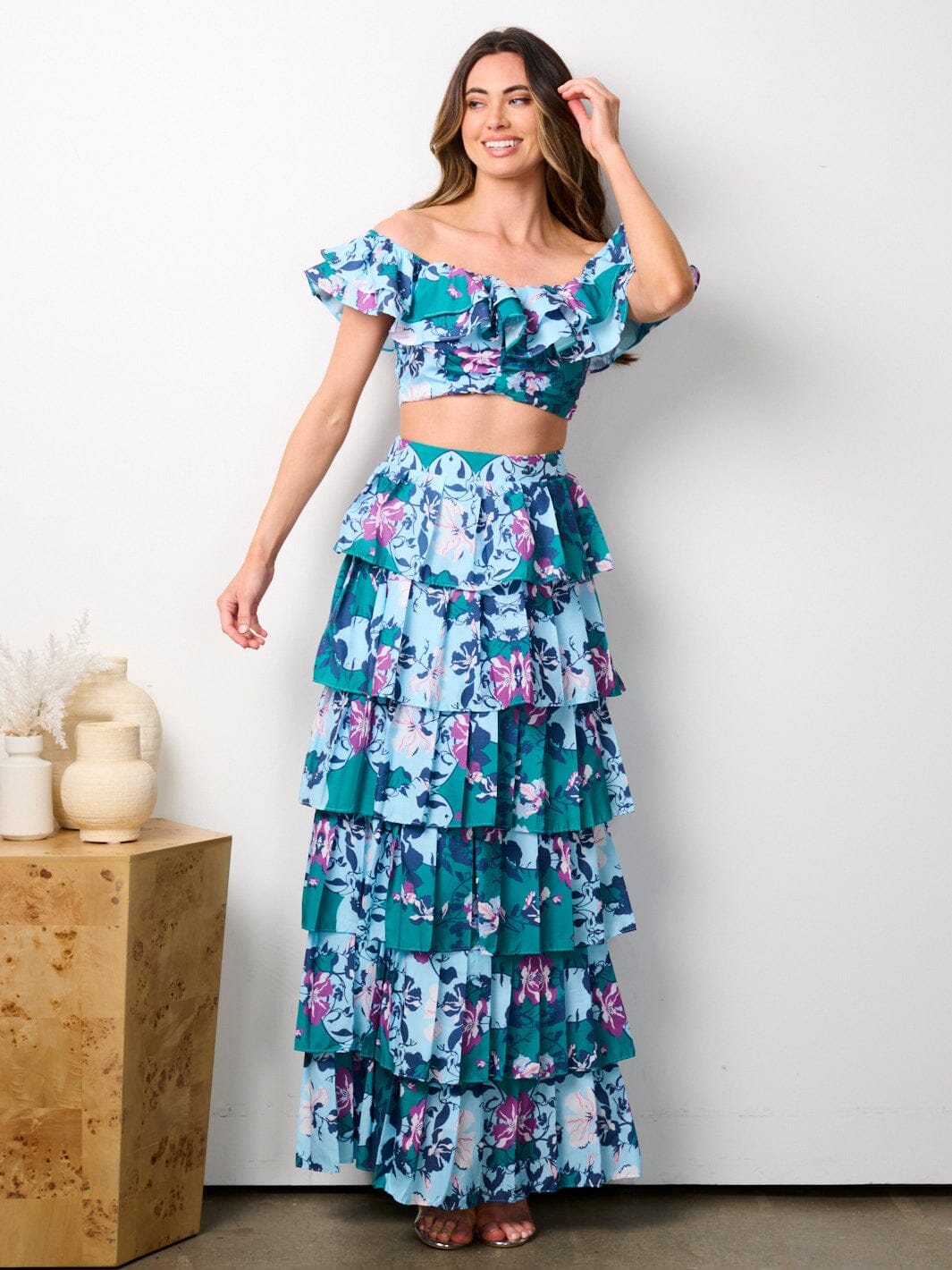 WOMEN'S OFF SHOULDER CROP TOP & MAXI RUFFLE SKIRT 2PC. FLORAL SET