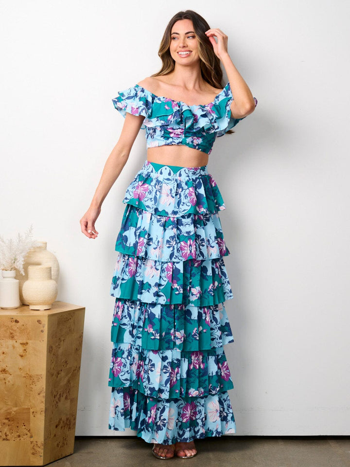 WOMEN'S OFF SHOULDER CROP TOP & MAXI RUFFLE SKIRT 2PC. FLORAL SET