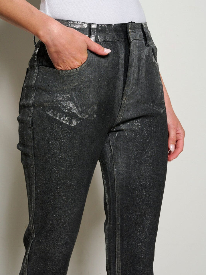 WOMEN'S BUTTON CLOSURE POCKETS SHIMMER WIDE LEG DENIM PANTS